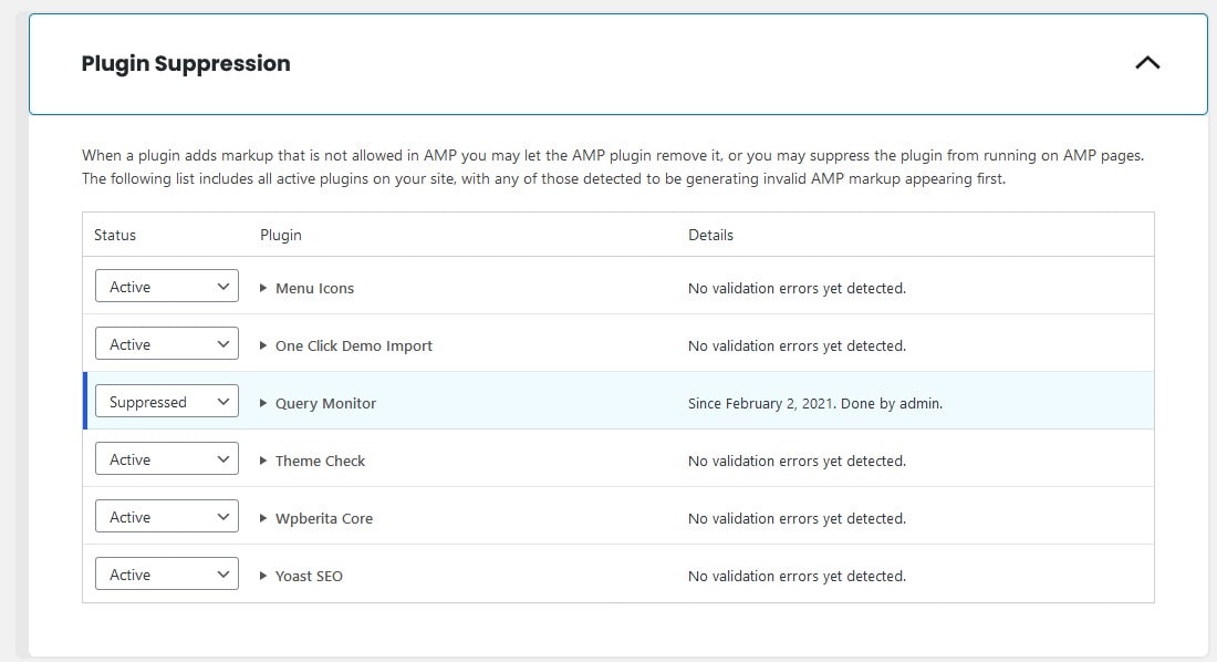 Screenshot pengaturan suppress plugin pada Dashboard -> AMP -> Settings
